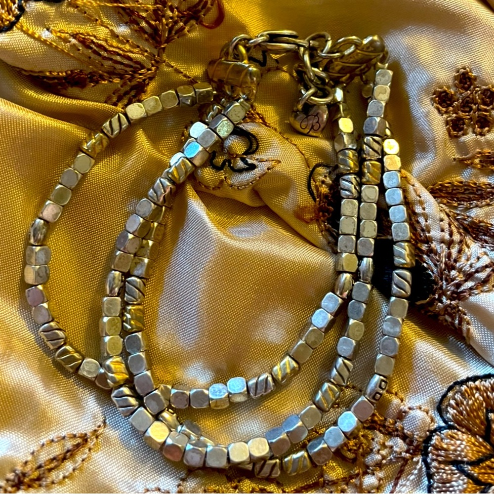 Brighton Silver and Gold Tone Square Beaded Triple Strand Elegant Bracelet